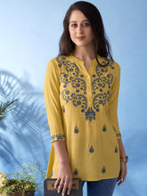 Yellow & Blue Straight Viscose Rayon Kurti – Mandarin Collar – Floral Embroidered