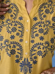 Yellow & Blue Straight Viscose Rayon Kurti – Mandarin Collar – Floral Embroidered