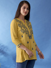 Yellow & Blue Straight Viscose Rayon Kurti – Mandarin Collar – Floral Embroidered