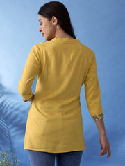 Yellow & Blue Straight Viscose Rayon Kurti – Mandarin Collar – Floral Embroidered