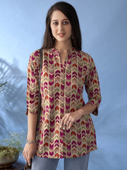Magenta Chevron Printed Cotton A-Line Short Kurti – Mandarin Collar – Flared Sleeves