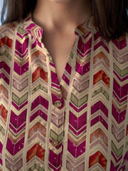 Magenta Chevron Printed Cotton A-Line Short Kurti – Mandarin Collar – Flared Sleeves
