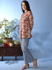 Magenta Chevron Printed Cotton A-Line Short Kurti – Mandarin Collar – Flared Sleeves