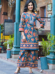 Floral Printed Pure Cotton Co-ord Set – Notch Neck – Mirror Work