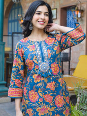 Floral Printed Pure Cotton Co-ord Set – Notch Neck – Mirror Work