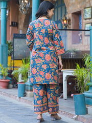 Floral Printed Pure Cotton Co-ord Set – Notch Neck – Mirror Work
