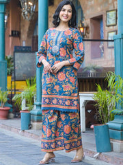 Floral Printed Pure Cotton Co-ord Set – Notch Neck – Mirror Work