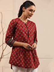 Maroon & Black A-Line Pure Cotton Kurti – Keyhole Neck – Ethnic Motif Print