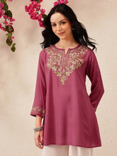 Pink A-Line Viscose Rayon Kurti – Keyhole Neck – Aari Embroidered