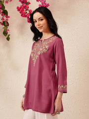 Pink A-Line Viscose Rayon Kurti – Keyhole Neck – Aari Embroidered