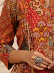 Rust & Mustard Yellow Abstract Print Cotton Kurti – Mandarin Collar – Printed