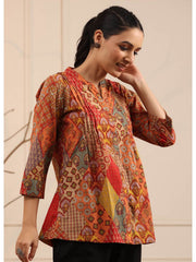 Rust & Mustard Yellow Abstract Print Cotton Kurti – Mandarin Collar – Printed