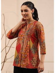 Rust & Mustard Yellow Abstract Print Cotton Kurti – Mandarin Collar – Printed