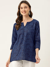 Navy Blue Straight Pure Cotton Kurti – Round Neck – Bandhani Printed