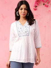 White Straight Pure Cotton Kurti – V-Neck – Floral Embroidered