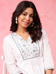 White Straight Pure Cotton Kurti – V-Neck – Floral Embroidered