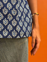 Blue & White Printed Cotton Kurti – Square Neck – Ethnic Motifs