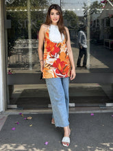 Red & White & Orange Straight Cotton Kurti – Halter Neck – Mirror Work