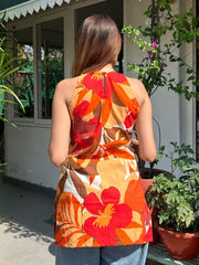 Red & White & Orange Straight Cotton Kurti – Halter Neck – Mirror Work