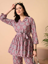 Mauve Printed Viscose Rayon Co-Ord Set – Lapel Collar – Tie-Up Detail