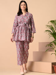 Mauve Printed Viscose Rayon Co-Ord Set – Lapel Collar – Tie-Up Detail