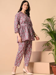 Mauve Printed Viscose Rayon Co-Ord Set – Lapel Collar – Tie-Up Detail