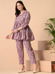 Mauve Printed Viscose Rayon Co-Ord Set – Lapel Collar – Tie-Up Detail
