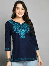 Blue Straight Viscose Rayon Kurti – Keyhole Neck – Aari Embroidered