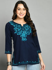 Blue Straight Viscose Rayon Kurti – Keyhole Neck – Aari Embroidered