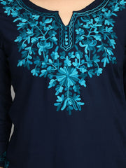 Blue Straight Viscose Rayon Kurti – Keyhole Neck – Aari Embroidered