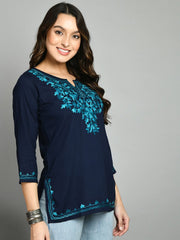 Blue Straight Viscose Rayon Kurti – Keyhole Neck – Aari Embroidered