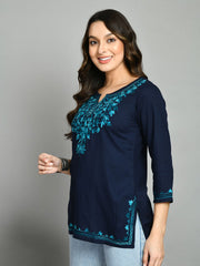 Blue Straight Viscose Rayon Kurti – Keyhole Neck – Aari Embroidered