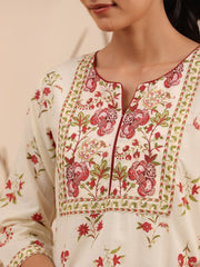Cream & Red Floral Printed Pure Cotton Kurti – Round Neck – Straight Hemline