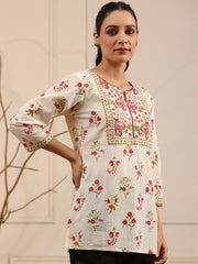 Cream & Red Floral Printed Pure Cotton Kurti – Round Neck – Straight Hemline