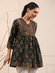 Green & Maroon A-Line Pure Cotton Kurti – Tie-Up Neck – Sequinned & Floral Printed