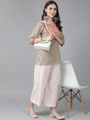 Green & Orange Straight Pure Cotton Kurti – Round Neck – Sequinned Detail