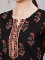 Black & Red A-Line Pure Cotton Kurti – Round Neck – Floral Print