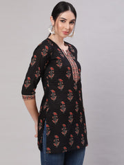 Black & Red A-Line Pure Cotton Kurti – Round Neck – Floral Print