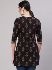 Black & Red A-Line Pure Cotton Kurti – Round Neck – Floral Print
