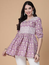 Pink & White Floral Printed Pure Cotton A-Line Kurti – Round Neck – Puff Sleeves