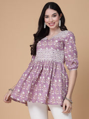 Pink & White Floral Printed Pure Cotton A-Line Kurti – Round Neck – Puff Sleeves