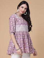 Pink & White Floral Printed Pure Cotton A-Line Kurti – Round Neck – Puff Sleeves