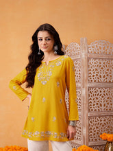 Mustard Yellow A-Line Viscose Rayon Kurti – Keyhole Neck – Aari Embroidered