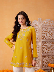 Mustard Yellow A-Line Viscose Rayon Kurti – Keyhole Neck – Aari Embroidered