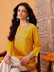 Mustard Yellow A-Line Viscose Rayon Kurti – Keyhole Neck – Aari Embroidered