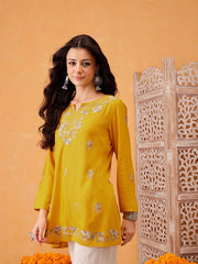 Mustard Yellow A-Line Viscose Rayon Kurti – Keyhole Neck – Aari Embroidered