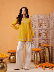 Mustard Yellow A-Line Viscose Rayon Kurti – Keyhole Neck – Aari Embroidered