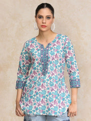Blue & White Straight Pure Cotton Kurti – Round Neck – Floral Printed