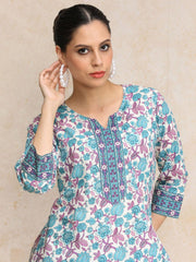 Blue & White Straight Pure Cotton Kurti – Round Neck – Floral Printed