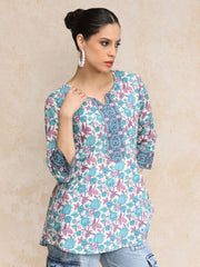 Blue & White Straight Pure Cotton Kurti – Round Neck – Floral Printed